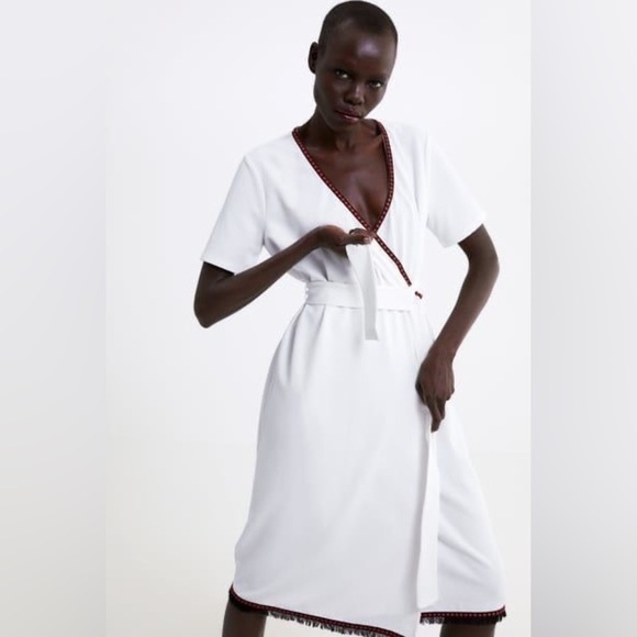 Zara White Wrap Short Sleeve Dress With Contrast Trim Size S - Picture 3 of 17